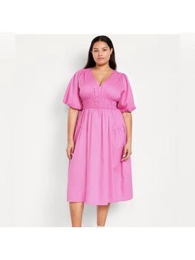 NWT Old Navy TALL Waist Defined Puff Sleeve Midi Dress Hot Pink 100% Cotton